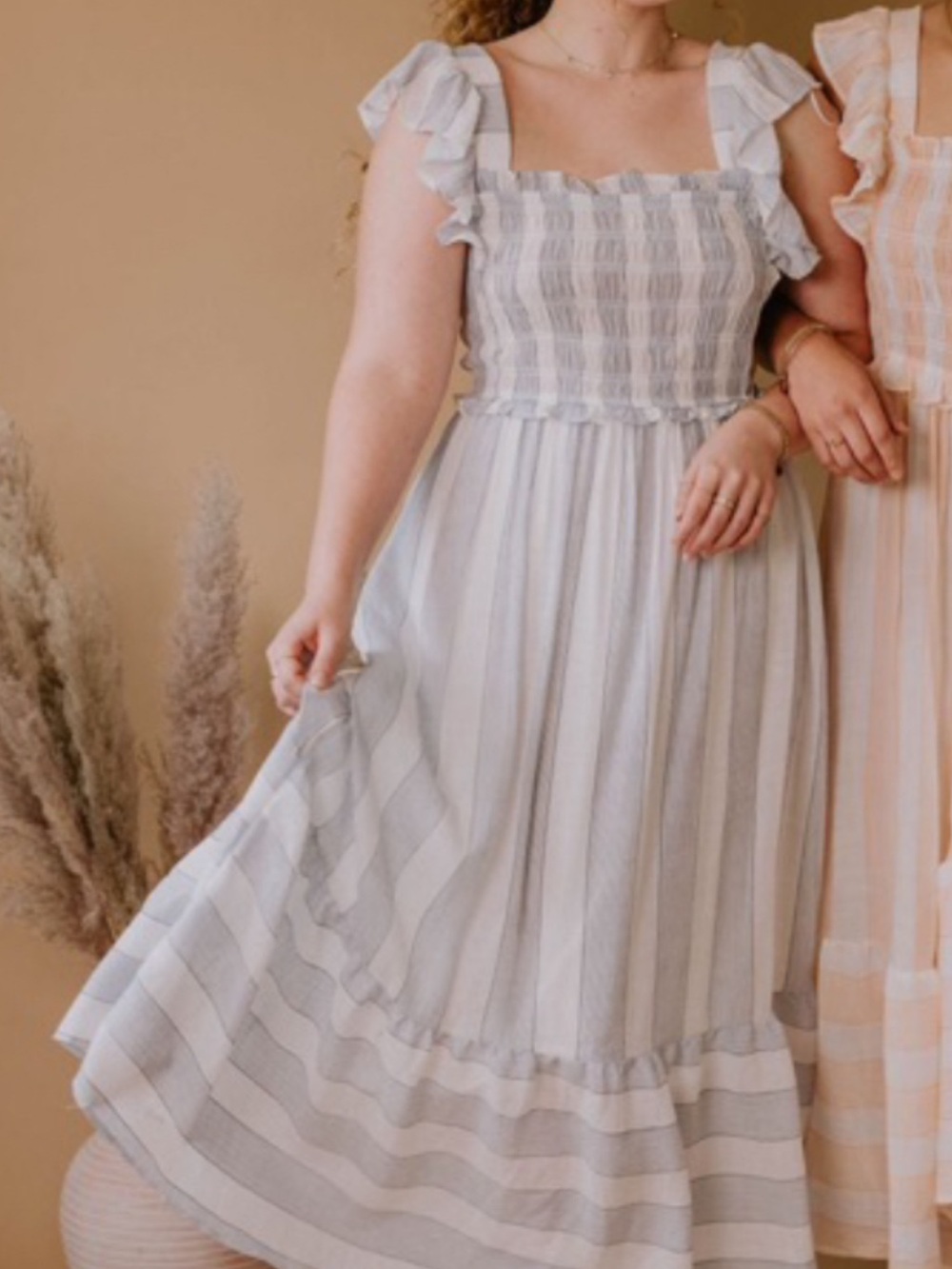 Blu Pepper Striped Smocked Ruffle Trim Midi Dress - Size Medium
